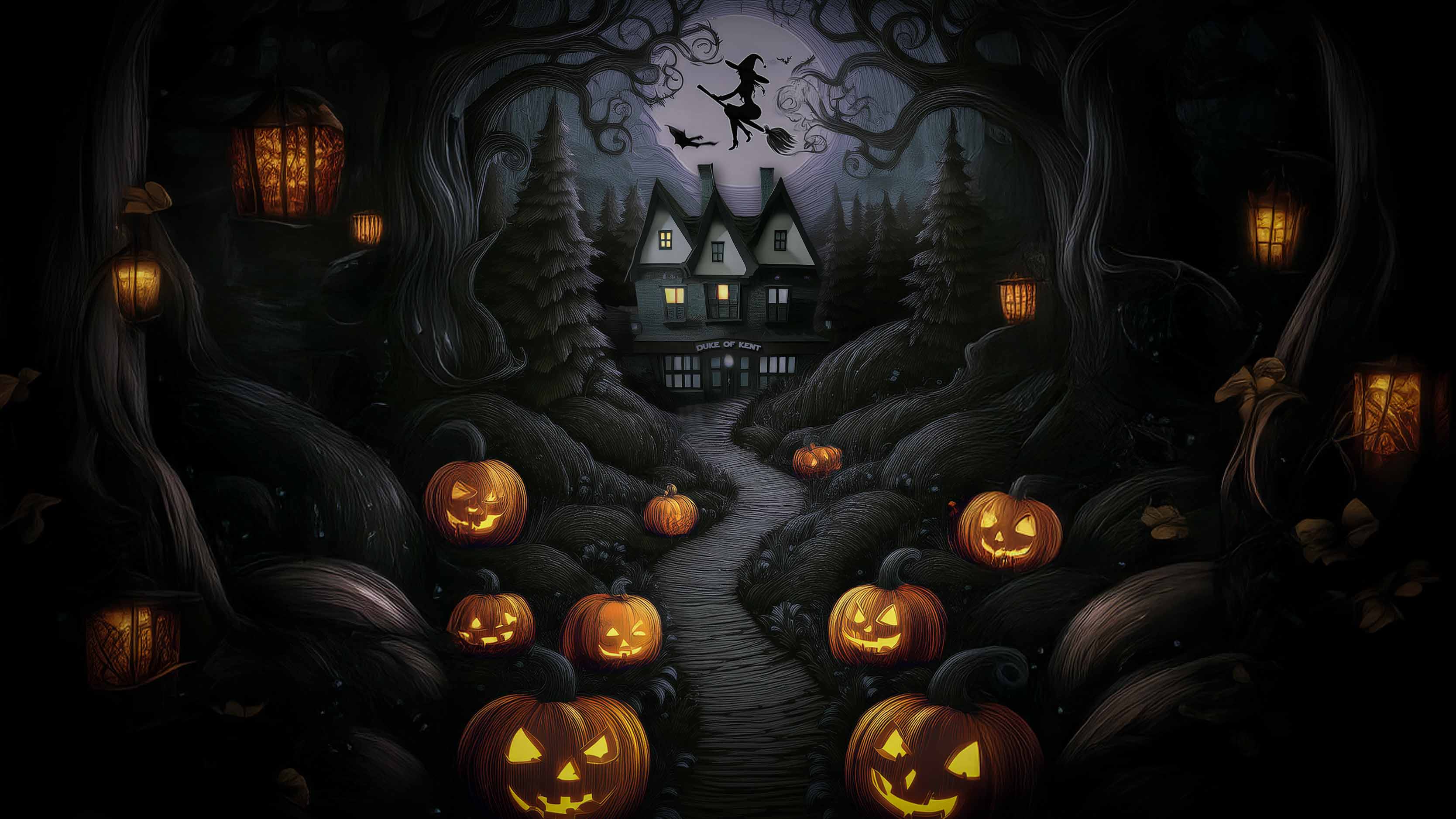 Haunted house with witch flying across moon and jack-o'-lanterns